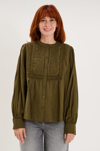 Blouse manches longues galons et fronces vert kaki femme