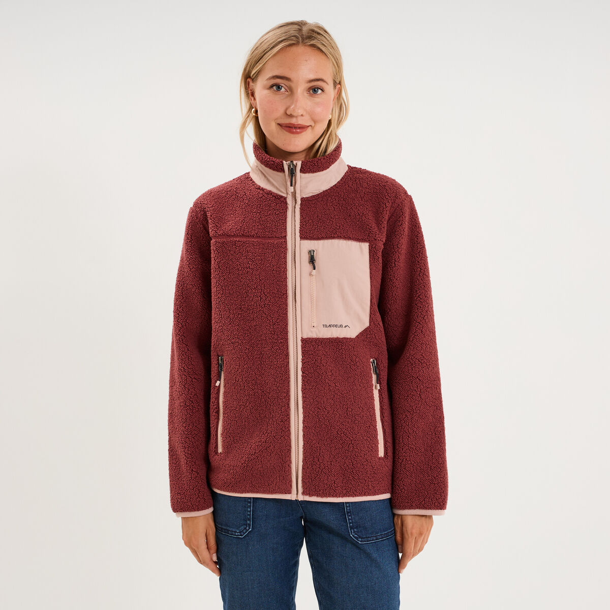 Veste zipp&eacute;e effet sherpa 3 poches vieux rose femme