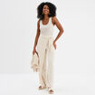 Pantalon cigarette à nouer lin mélangé beige femme