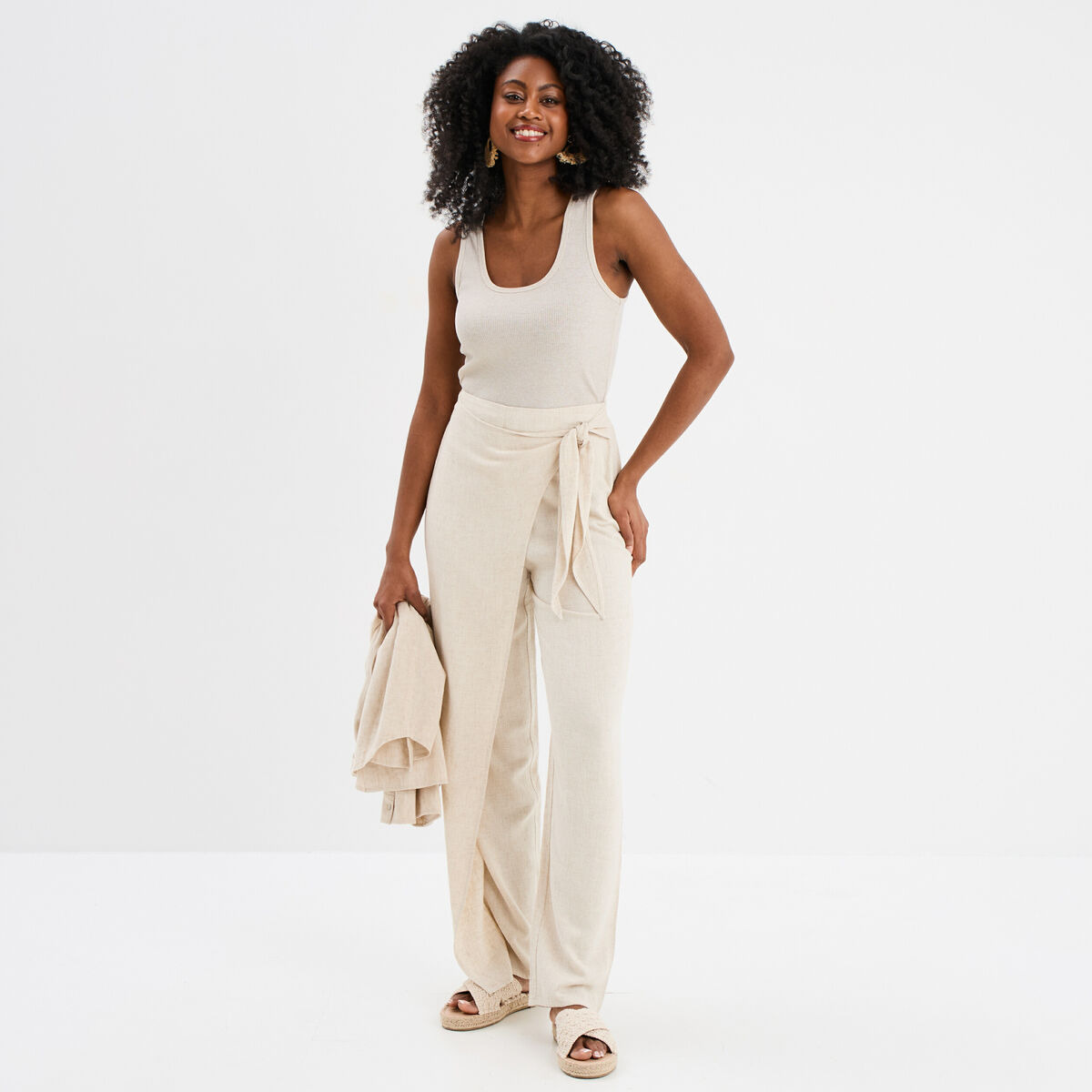 Pantalon cigarette à nouer lin mélangé beige femme