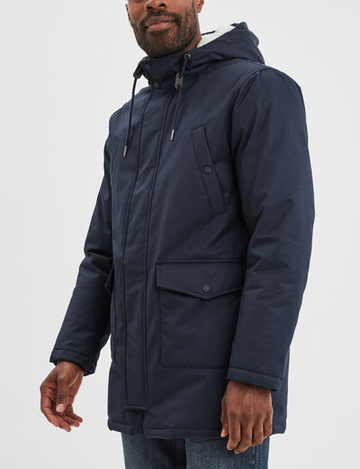 Parka mi-longue doubl&eacute;e &agrave; capuche bleu fonc&eacute; homme