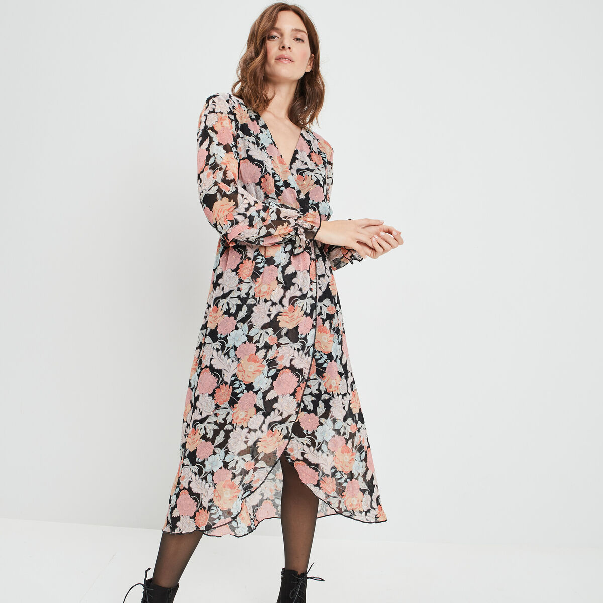 Robe longue fluide col cache-coeur noir femme