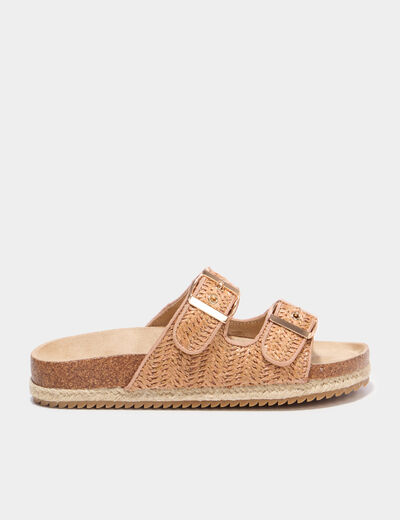 Mules plates tress&eacute;es avec boucles marron femme