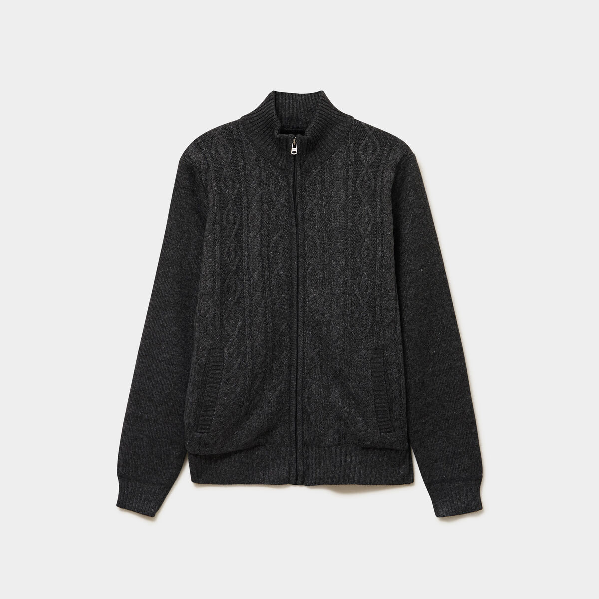Gilet &agrave; torsades et col montant gris fonc&eacute; homme