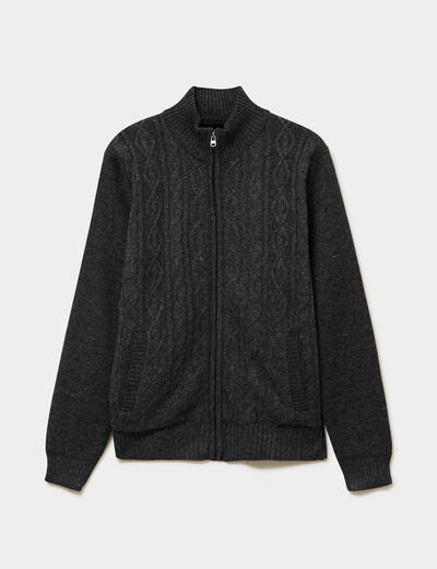 Gilet &agrave; torsades et col montant gris fonc&eacute; homme