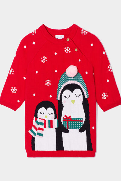 Robe pull de Noël motif pingouin rouge bébé fille