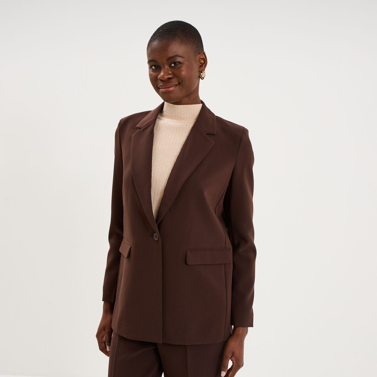 Blazer ajust&eacute; mi-long 1 bouton marron fonc&eacute; femme