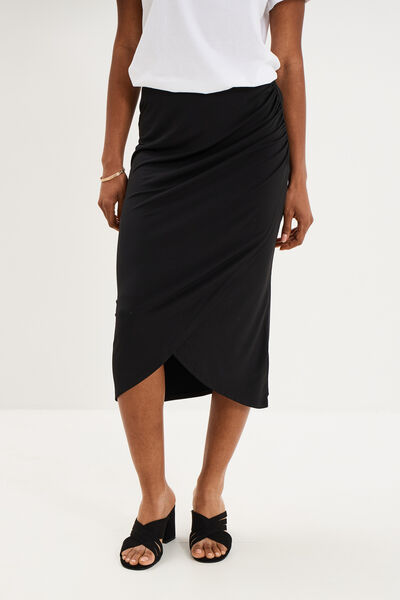 Jupe longue portefeuille stretch noir femme