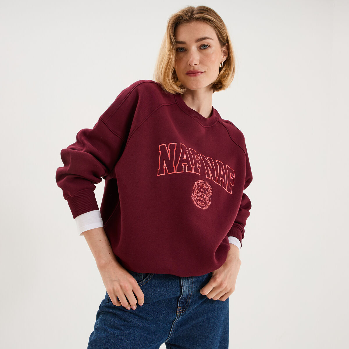 Sweat oversize logo NAF NAF brod&eacute; bordeaux femme