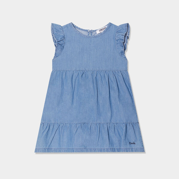 robe aspect jean a volants coton denim bleach bebef Robe aspect jean à volants coton denim bleach bébé fille