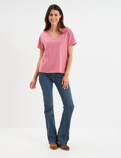 T-shirt manches courtes col en V coton vieux rose femme