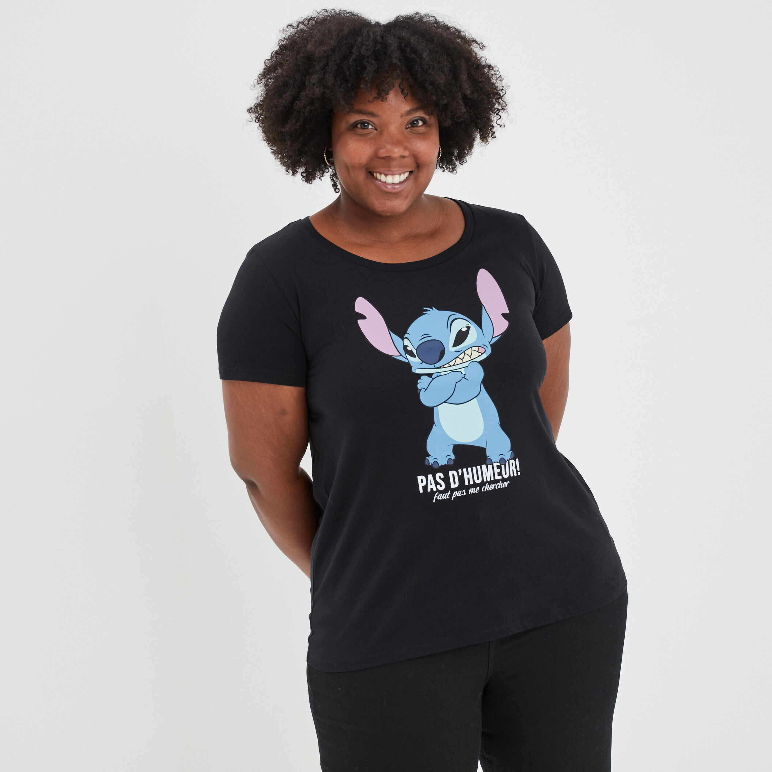 T-shirt droit manches courtes Stitch noir femme grande taille