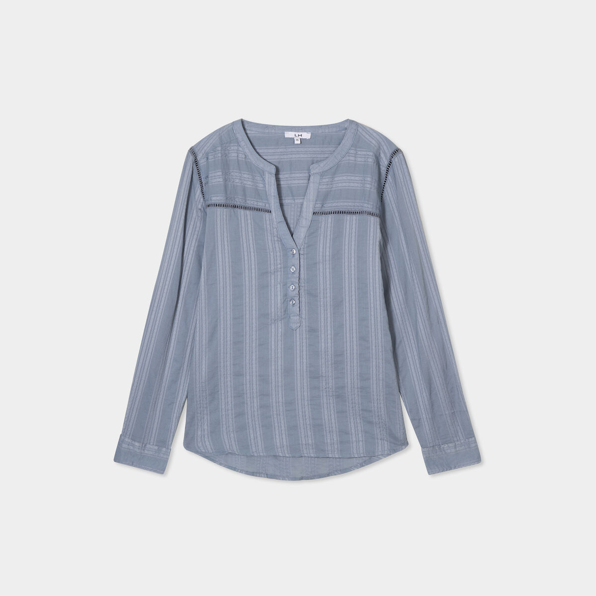 Blouse droite col mao coton bleu gris femme
