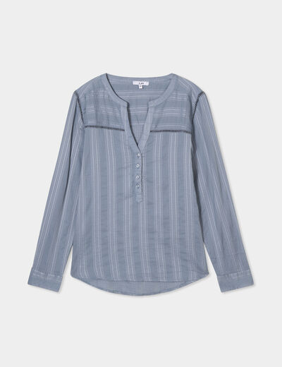 Blouse droite col mao coton bleu gris femme
