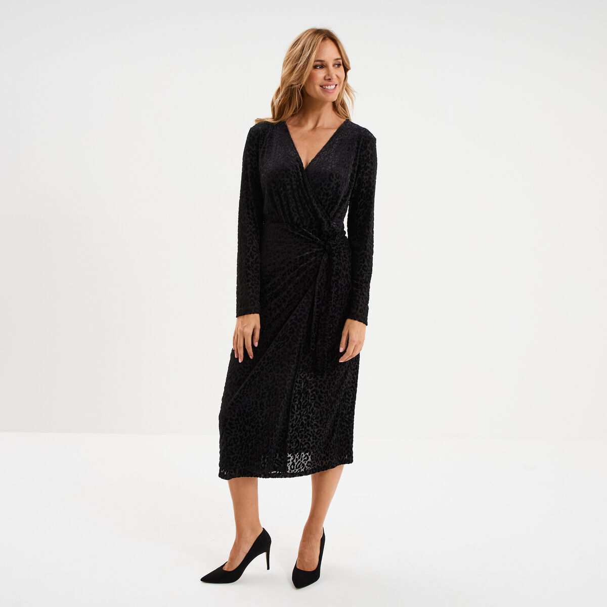 Robe effet velours noeud c&ocirc;t&eacute; noir femme