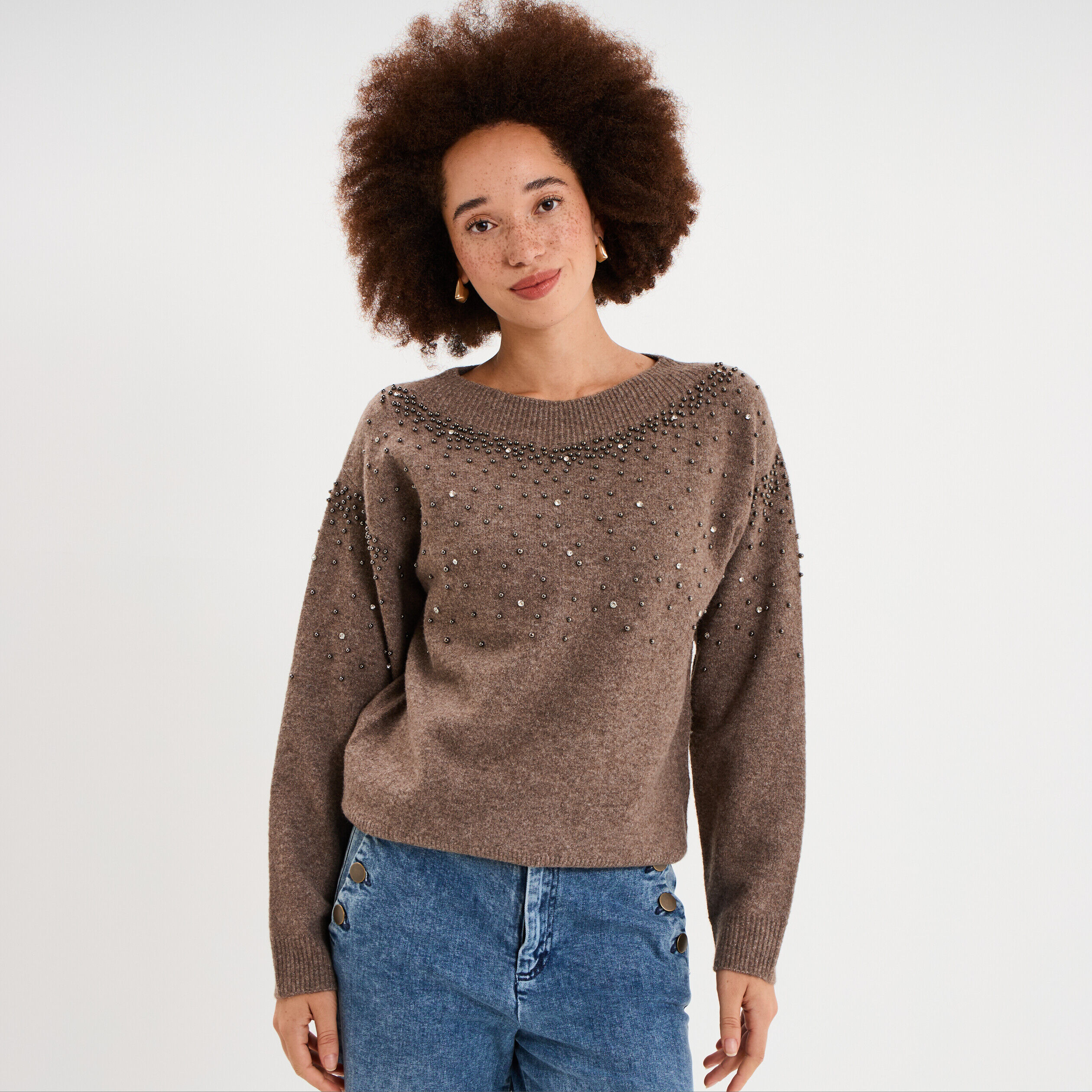 Pull perles et strass manches longues taupe femme