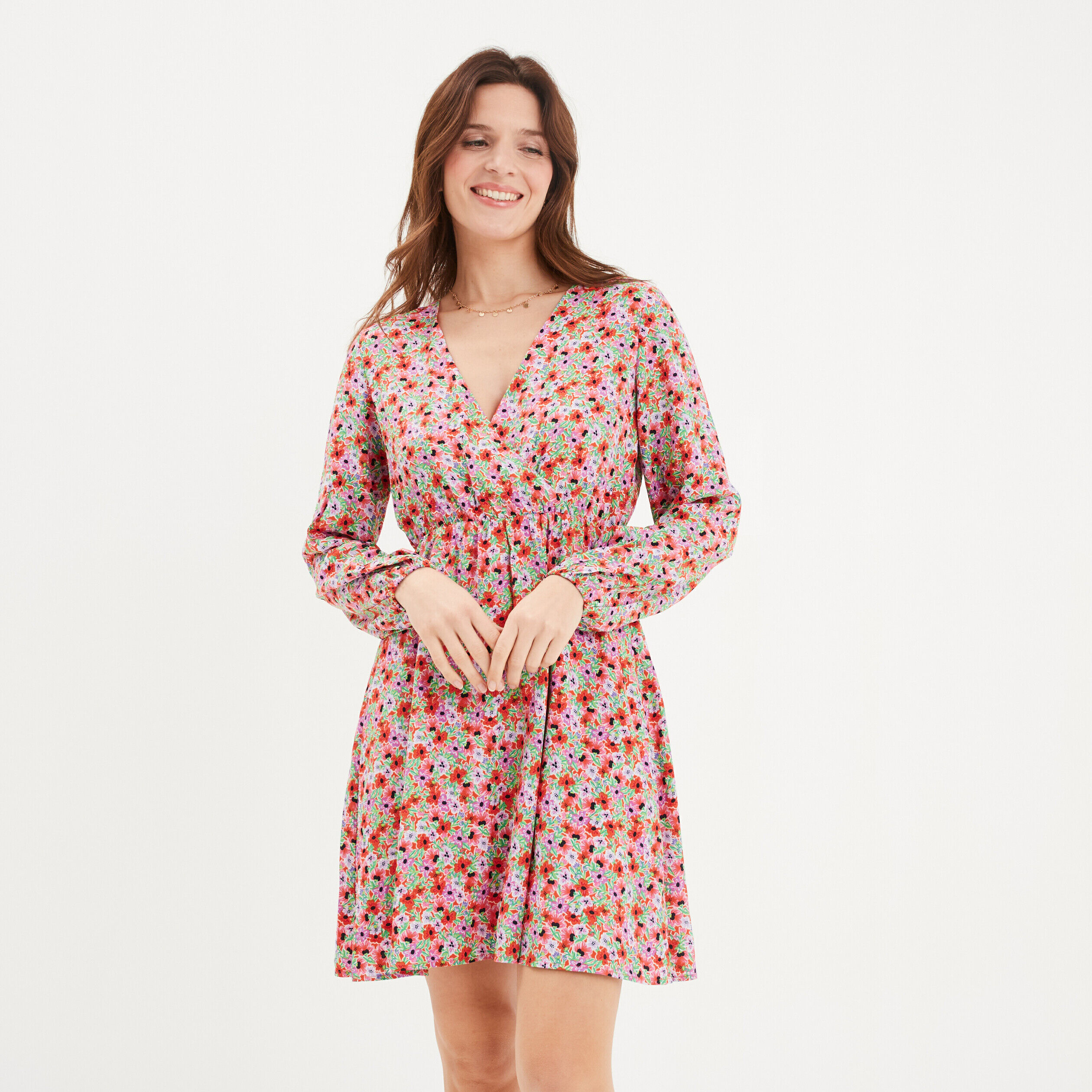 Robe courte fluide col cache-coeur rouge femme LH