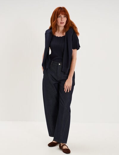 Pull ajour&eacute; col rond manches courtes bleu fonc&eacute; femme