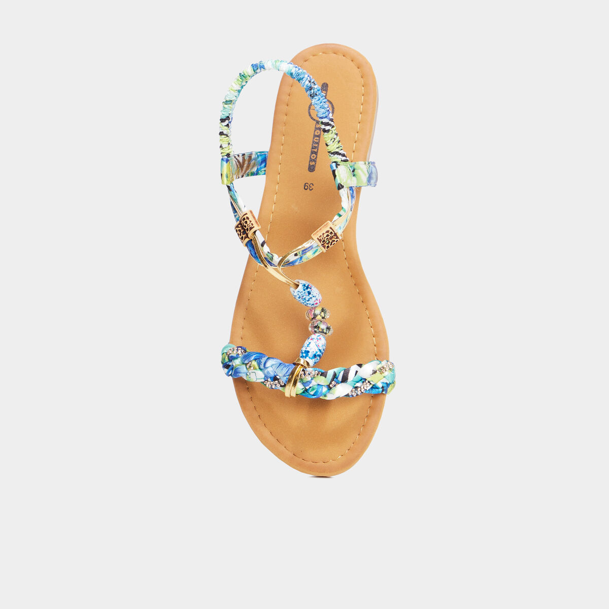 Sandales foulard et perles &eacute;lastiqu&eacute;es bleu femme