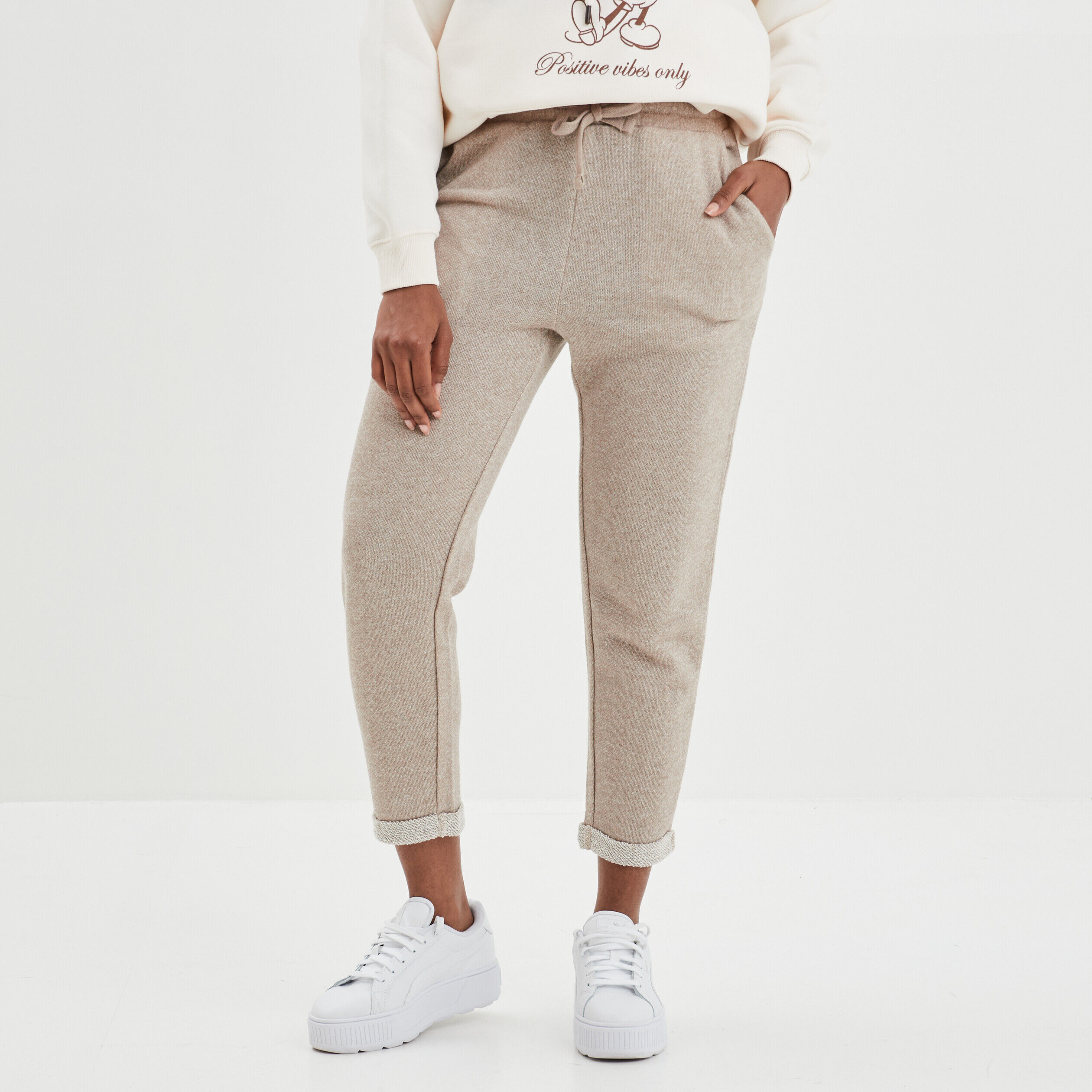 Pantalon jogging taille haute beige femme LH
