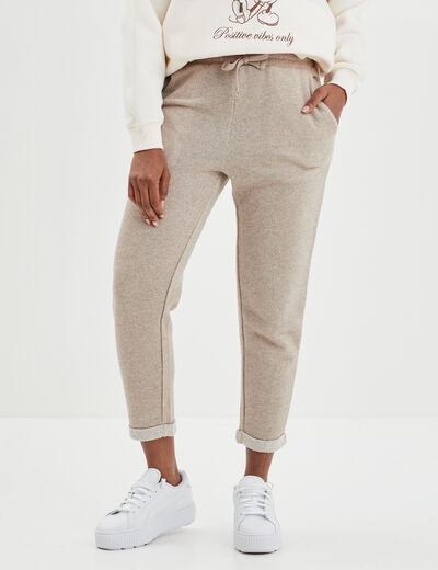 Pantalon jogging taille haute beige femme