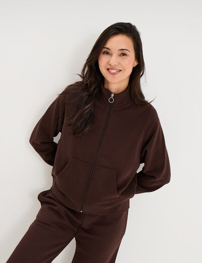 Sweat zipp&eacute; molleton col montant marron fonc&eacute; femme