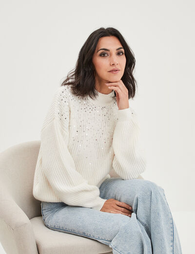 Pull côtelé à sequins et col montant blanc femme