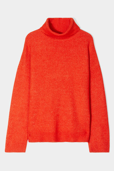 Pull col roulé droit manches longues rouge corail femme
