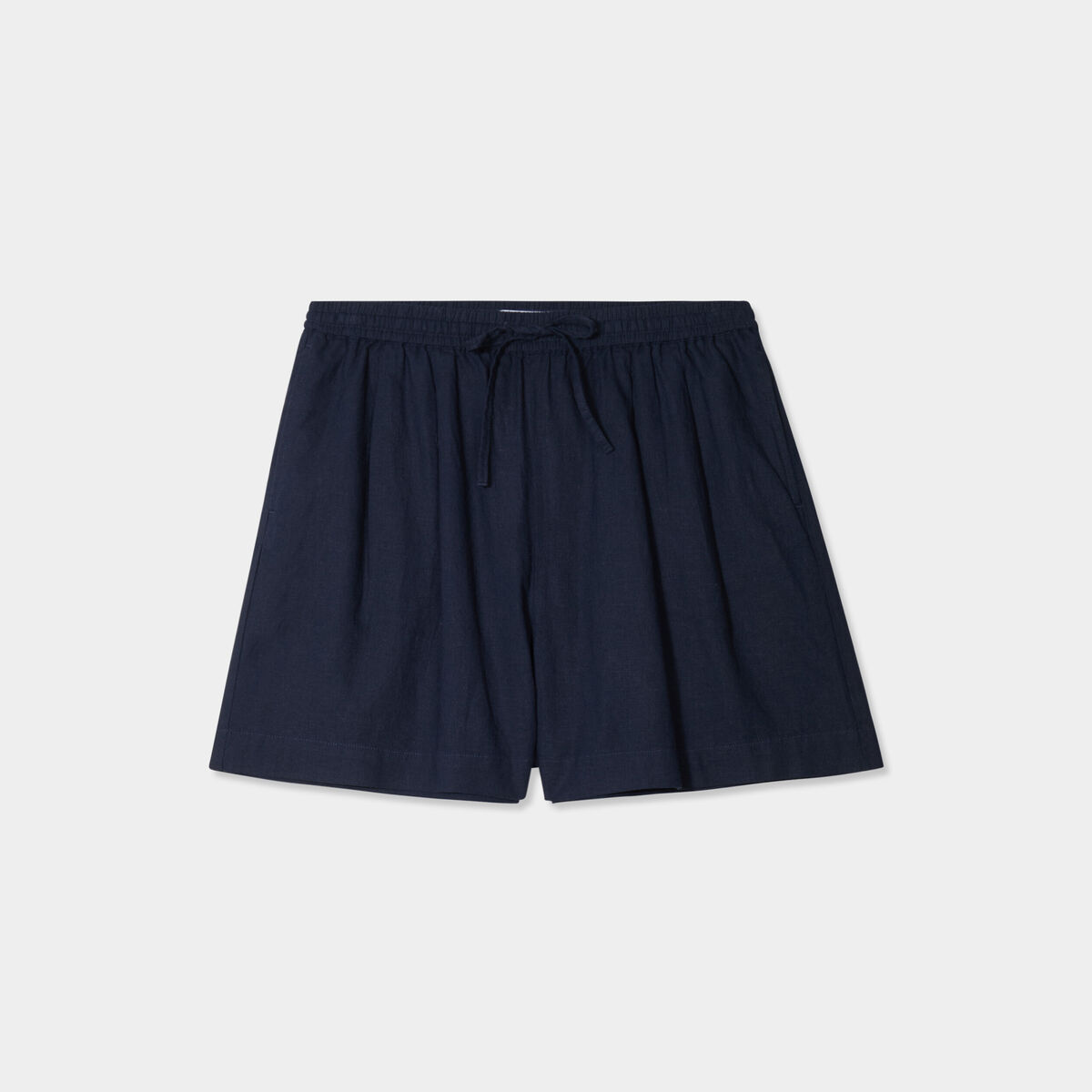 Short large lin m&eacute;lang&eacute; &agrave; coulisse bleu fonc&eacute; femme