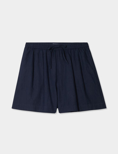 Short large lin mélangé à coulisse bleu foncé femme