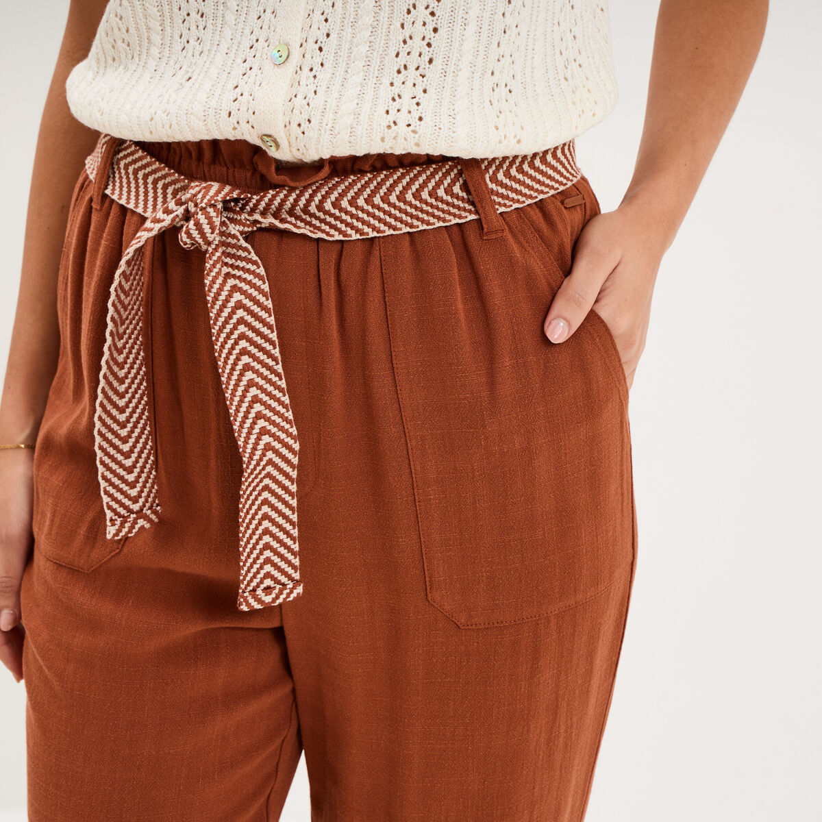 Pantalon paperbag &eacute;lastiqu&eacute; m&eacute;lange lin camel femme