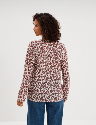T-shirt col mao manches retroussables ecru femme