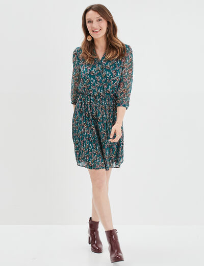 Robe évasée bas plissé manches 3/4 vert foncé femme