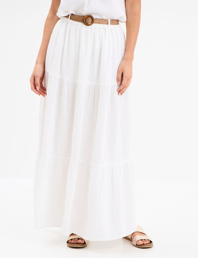 Jupe longue gaze de coton ceintur&eacute;e blanc femme