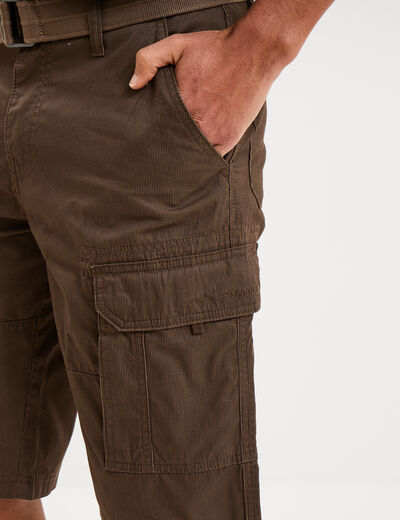 Bermuda cargo c&ocirc;tel&eacute; coton ceintur&eacute; marron fonc&eacute; homme