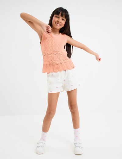 Débardeur tricot ajouré coton rose saumon fille