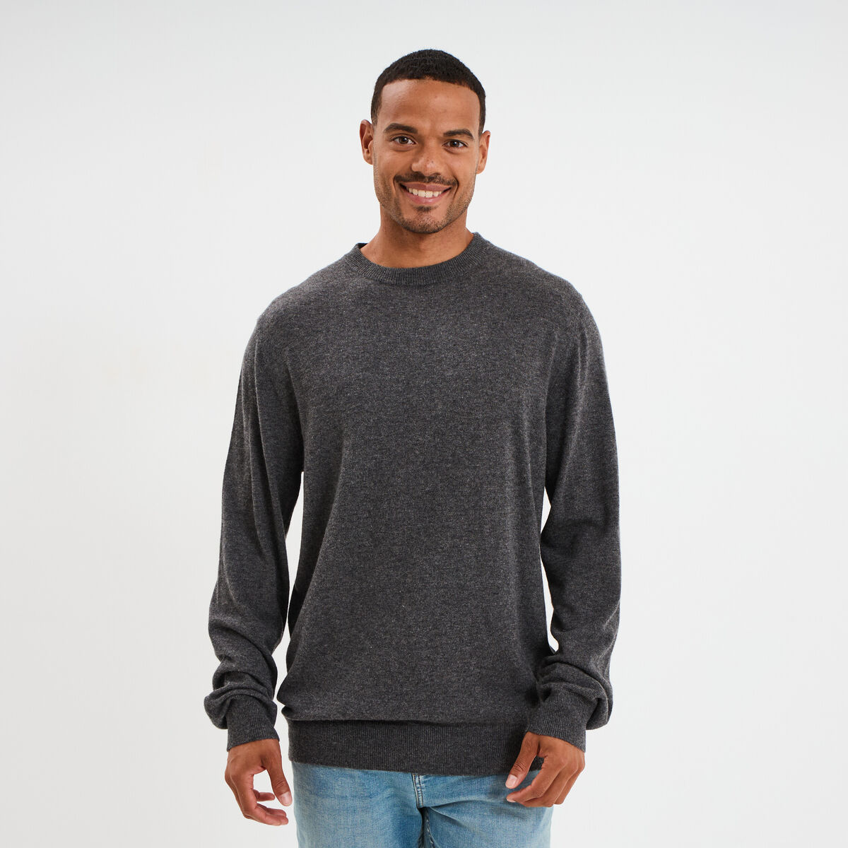 Pull col rond manches longues gris fonc&eacute; homme
