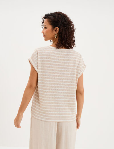 T-shirt col tunisien manches courtes beige clair femme