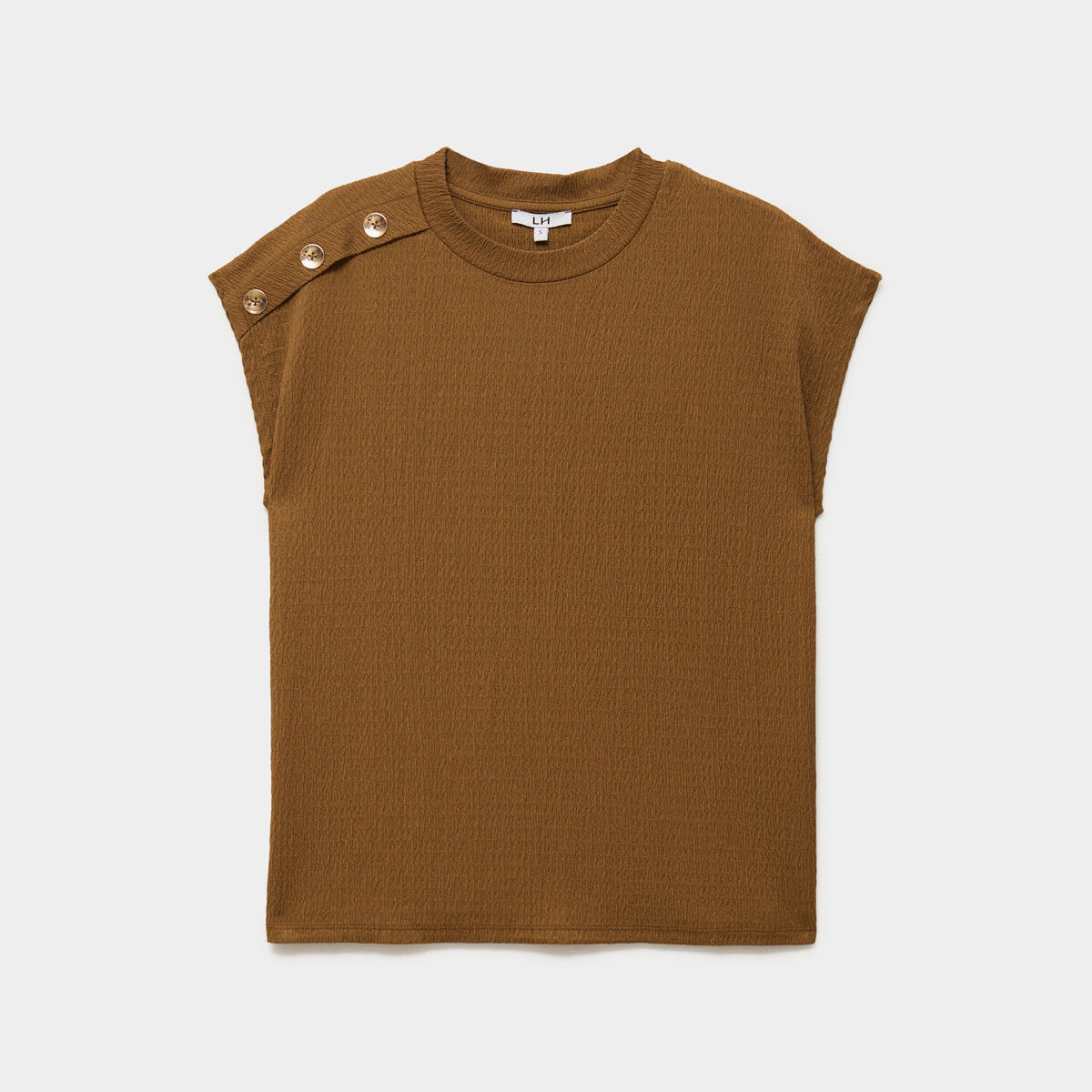 T-shirt gaufr&eacute; col rond avec boutons beige femme