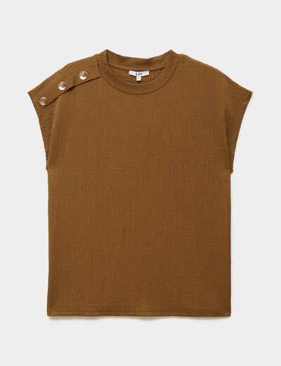 T-shirt gaufr&eacute; col rond avec boutons beige femme