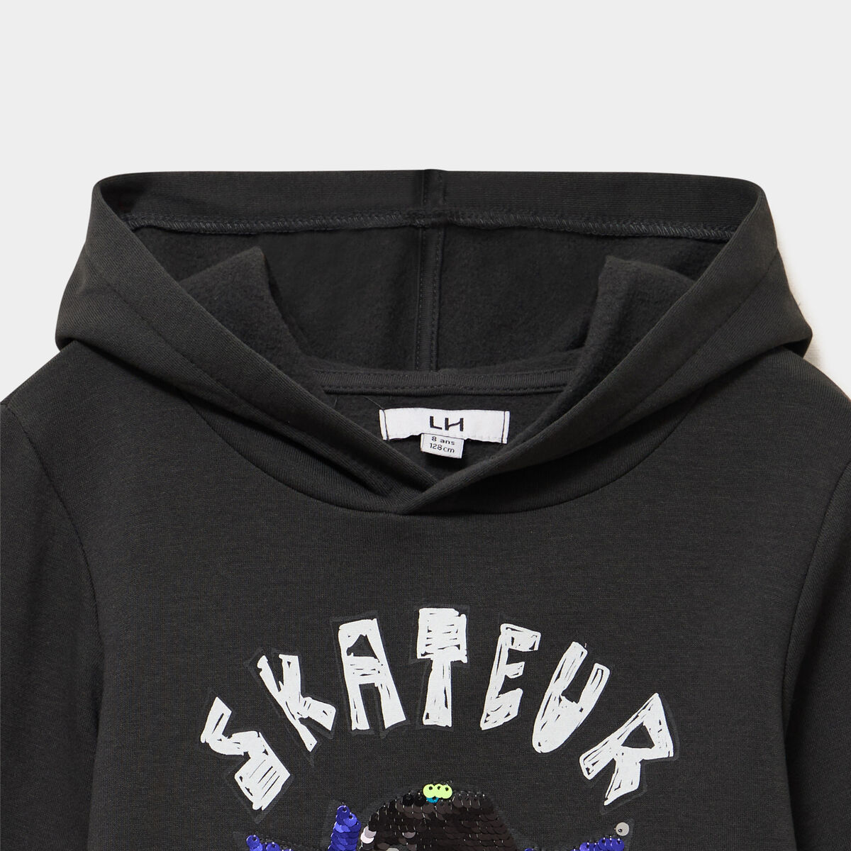 Sweat hoodie capuche sequins r&eacute;versibles gris fonc&eacute; gar&ccedil;on