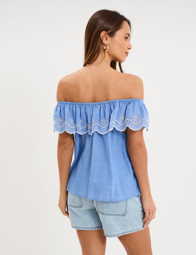 Blouse col bardot broderie anglaise bleu clair femme