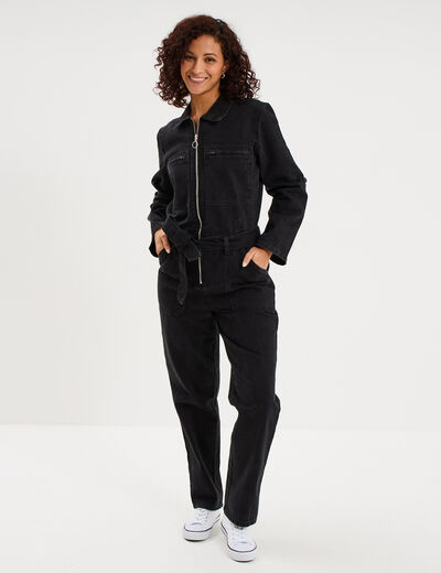 Combinaison pantalon en jean ceintur&eacute;e denim noir femme