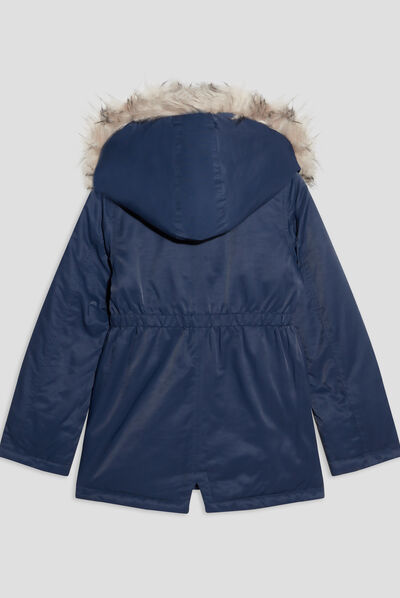 Parka droite capuche fausse fourrure bleu marine fille