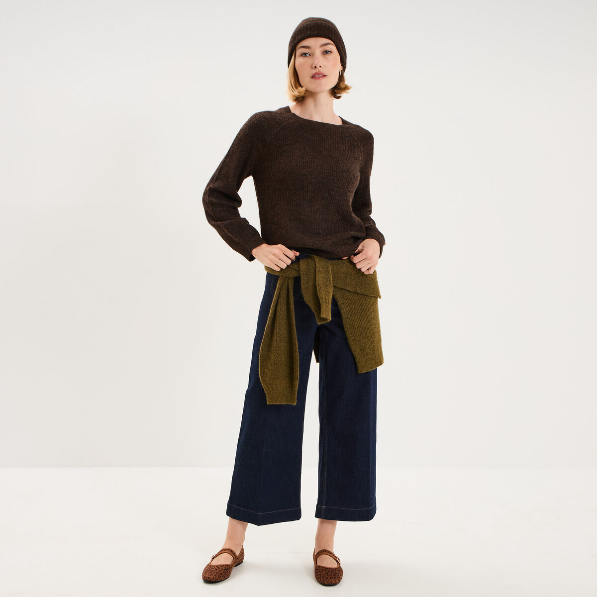 Jean large cropped poches plaqu&eacute;es denim brut femme