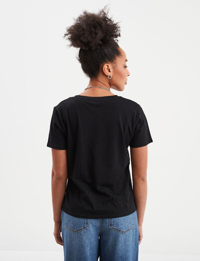 T-shirt manches courtes col en V coton noir femme