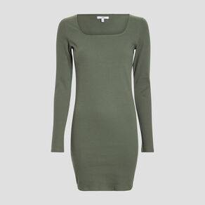 Robe droite à encolure carrée vert kaki femme