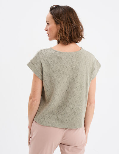 T-shirt ajouré manches courtes vert kaki femme