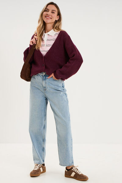 Gilet col en V manches longues ballon prune femme