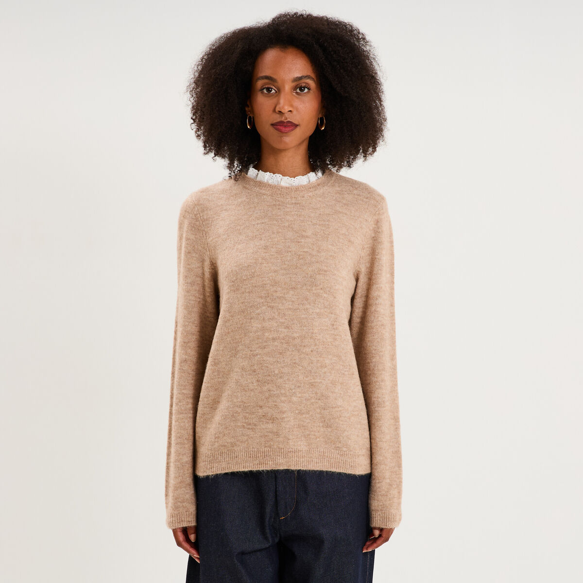 Pull 2 en 1 col rond broderie anglaise beige femme